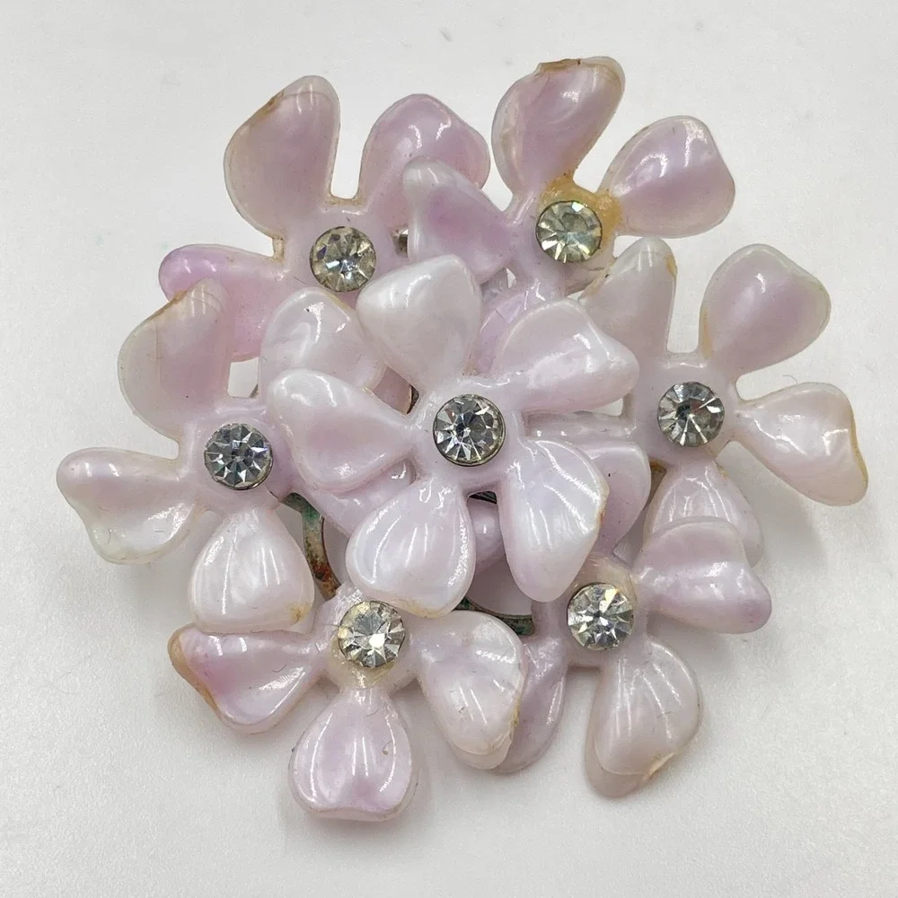 Vintage 1960s Mid Century Pastel Pink Enamel Flower Cluster Clip On Earrings